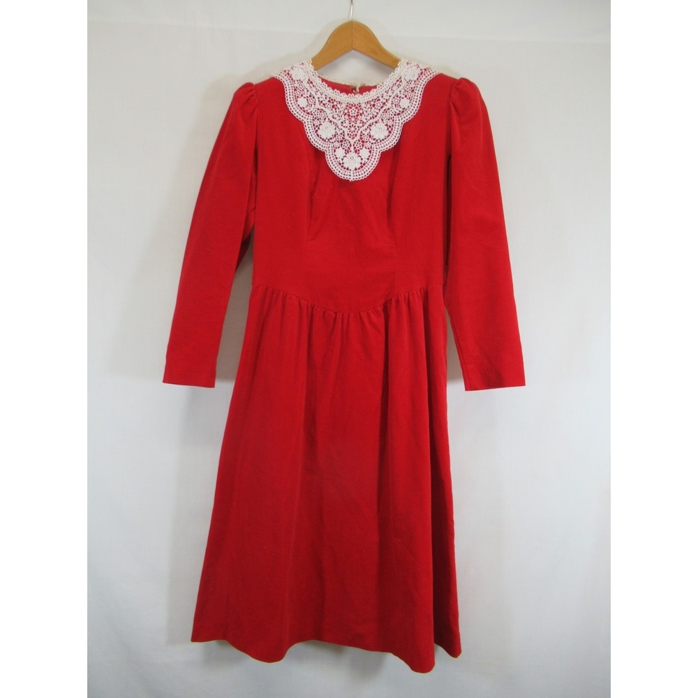 Vintage 80s Lanz Red Velvet Velour Dress Petite 4P Christmas Modest Crochet